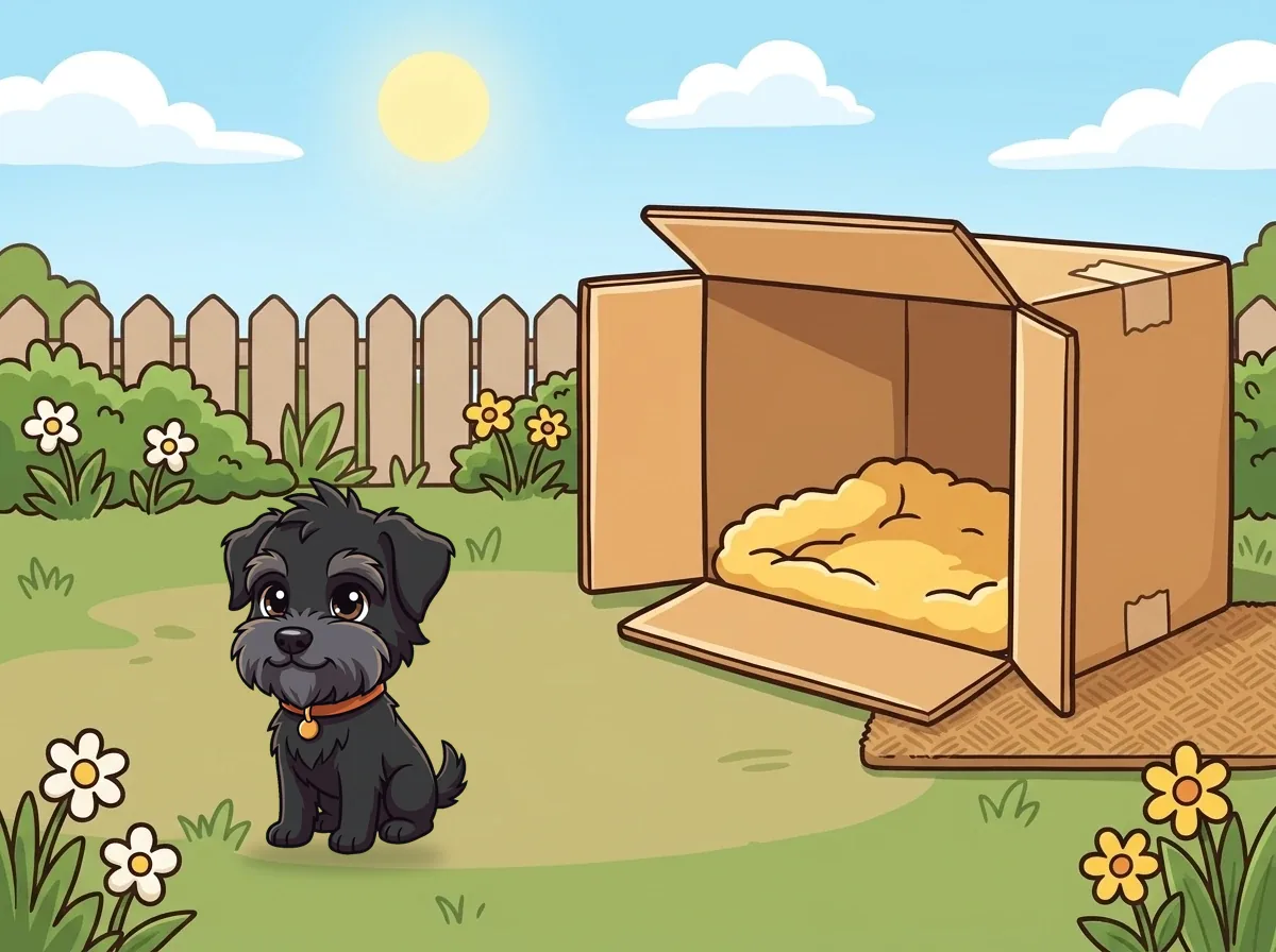 Puppy Chester sitting outside his cardboard box in the garden